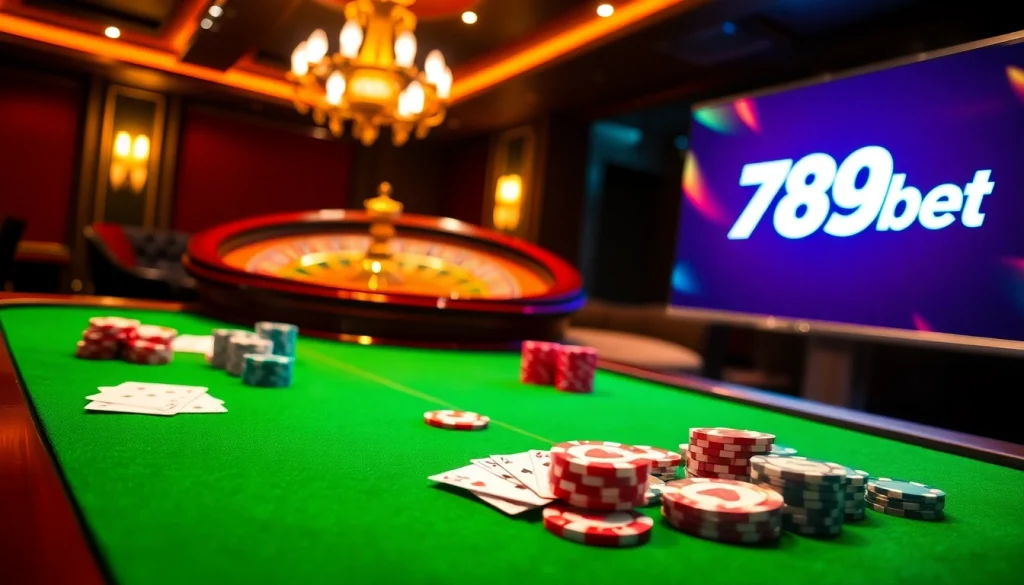 Experience high-stakes gaming at 789bet with luxury poker tables and vibrant chips.