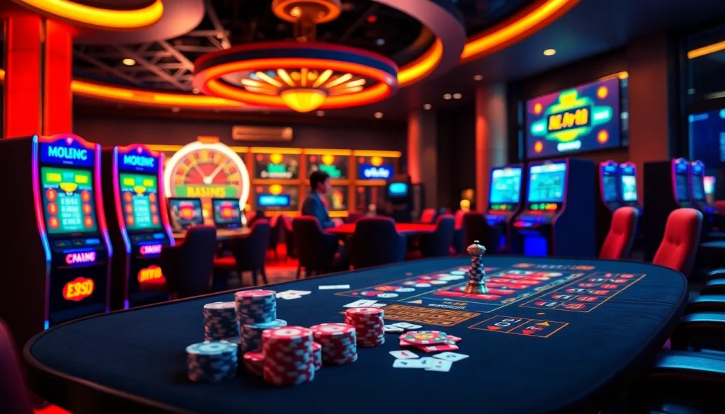 Exciting gambling scene featuring 상품권카드 amidst vibrant casino tables and slot machines.