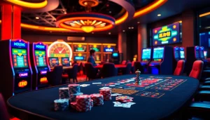 Exciting gambling scene featuring 상품권카드 amidst vibrant casino tables and slot machines.