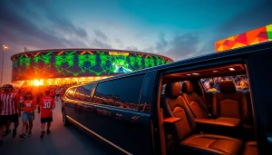 World Cup Group Transportation in a luxury limousine outside a vibrant stadium.
