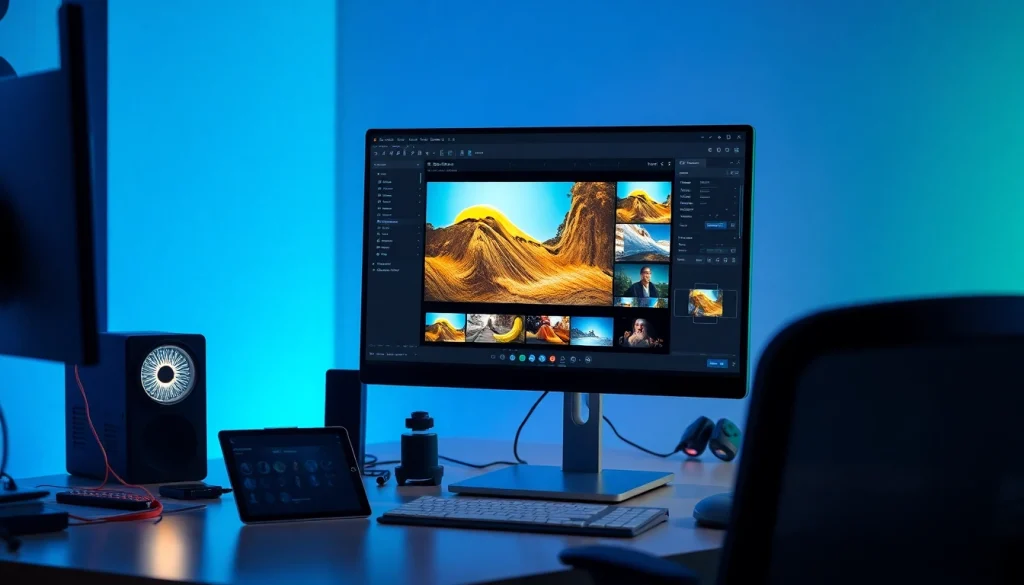 Nano banana pro software interface displayed in a modern tech workspace with vibrant images on a monitor.
