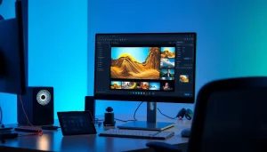 Nano banana pro software interface displayed in a modern tech workspace with vibrant images on a monitor.