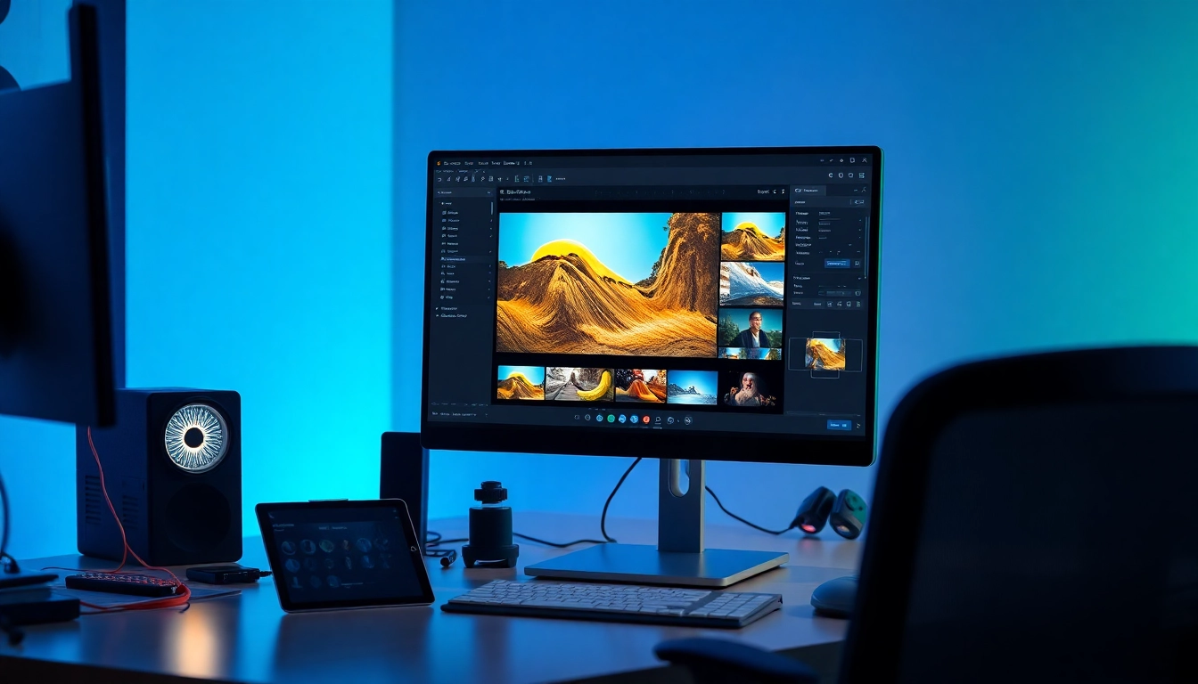 Nano banana pro software interface displayed in a modern tech workspace with vibrant images on a monitor.