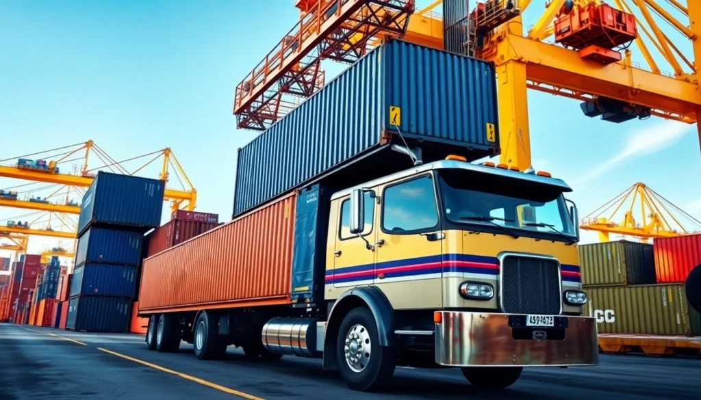Drayage truck unloading shipping containers at a busy port, showcasing logistics operations.