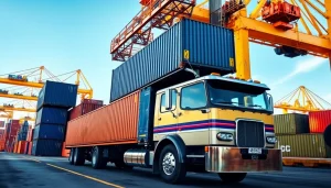 Drayage truck unloading shipping containers at a busy port, showcasing logistics operations.
