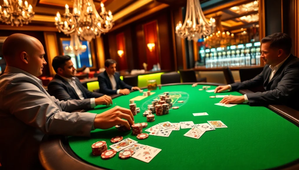 Engaging poker players at a luxurious table inspired by https://jun88buzz.info/, showcasing strategic gameplay.