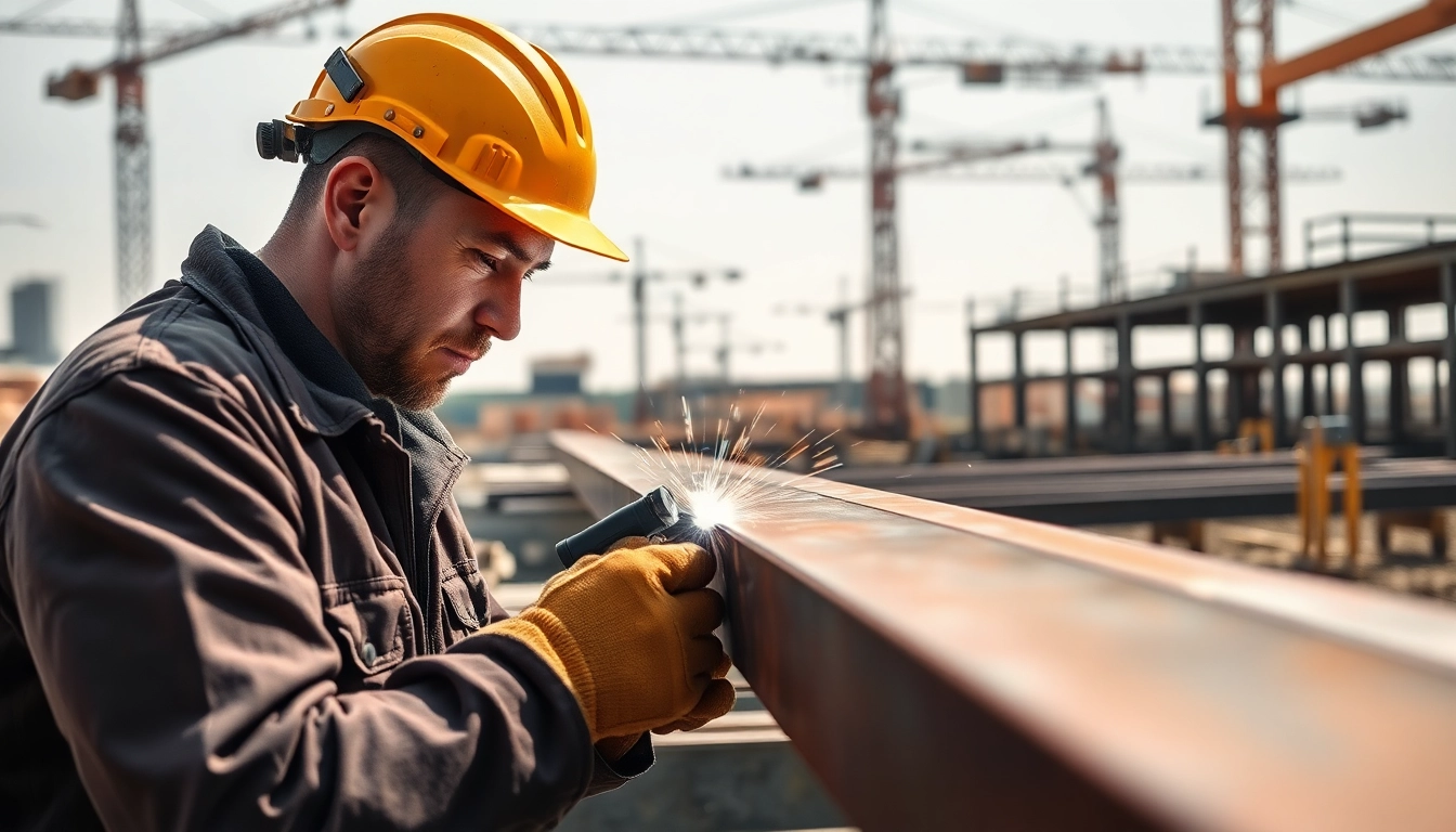 Welder performing structural steel welding with precision and focus on a construction site