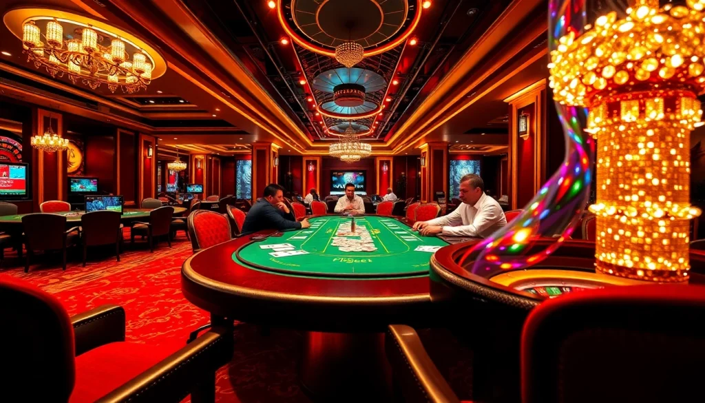 Players at a poker table showcase their skills in a lively F8bet casino atmosphere.