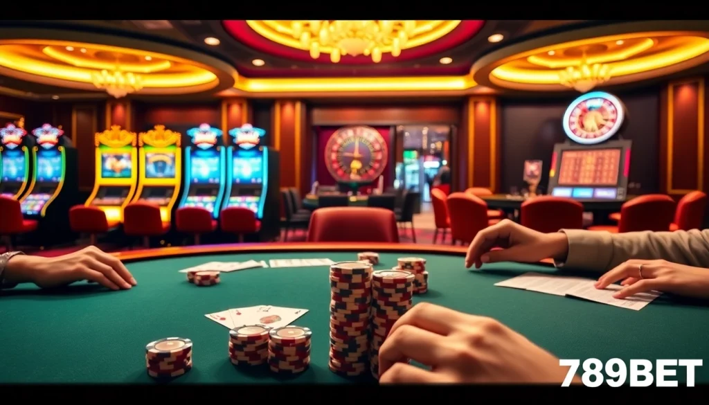 Gambling excitement at 789BET with a lively casino table showcasing poker and vibrant slots.