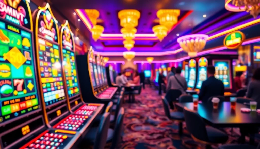 Menampilkan aksi permainan slot bet 50 perak dengan mesin slot menawan dan pengunjung yang bersemangat.