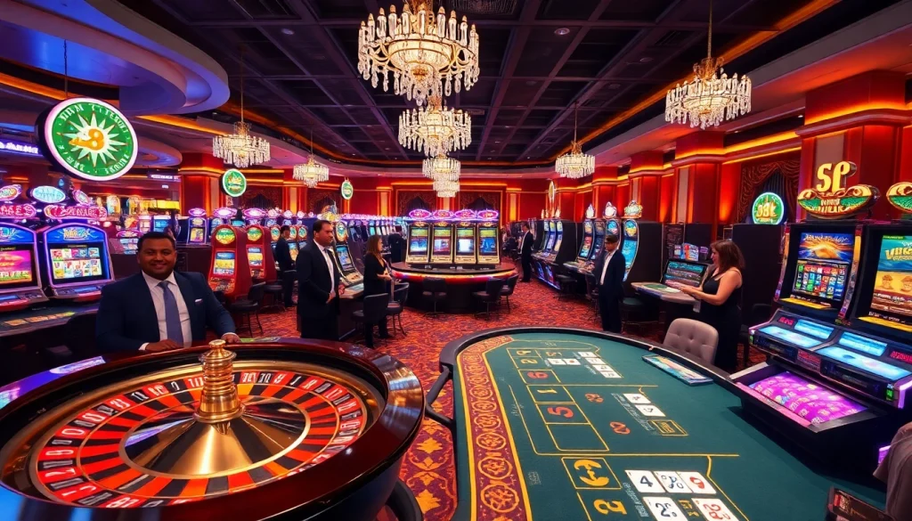 Exciting casino scene showcasing Hi88's luxurious gambling experience with roulette and poker games.