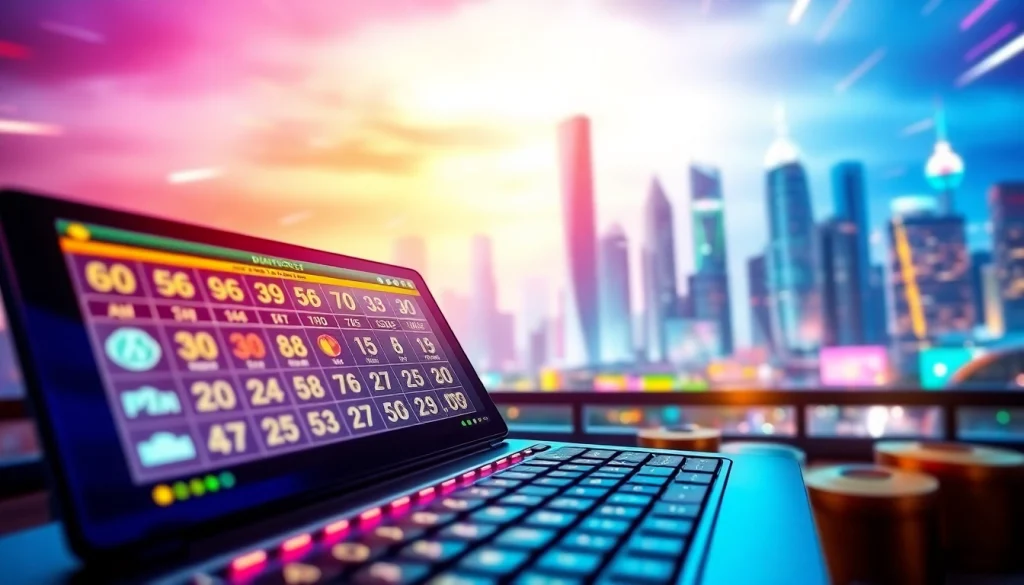 Menggambarkan platform perjudian di diantogel dengan antarmuka permainan modern dan latar belakang kota futuristik.