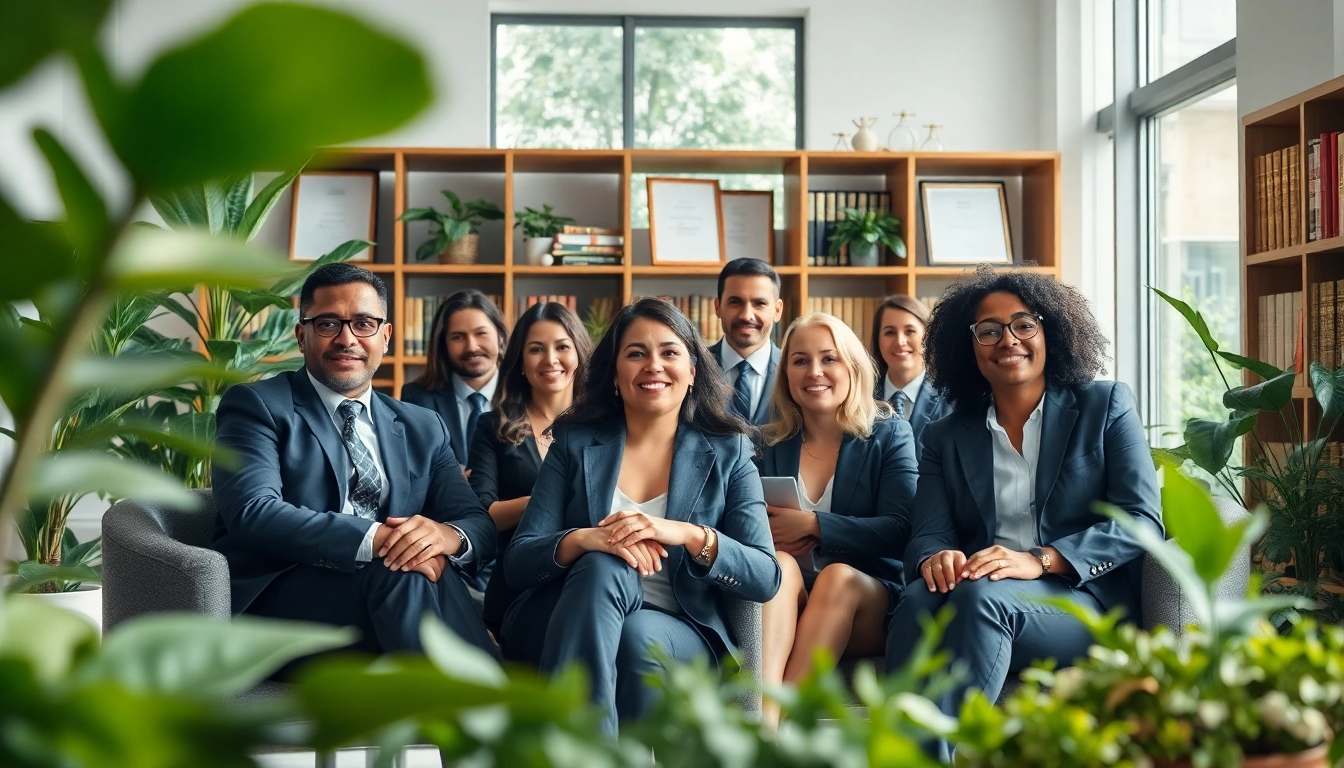 Environmental law firm attorneys collaborating in a sustainable modern office, showcasing dedication to environmental justice.
