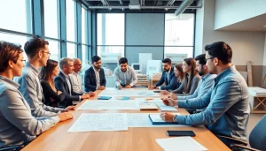 Engaged team in construction advocacy Carolinas discussing plans and collaborating on projects.