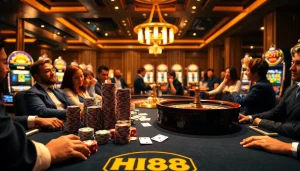 Experience the excitement at Hi88's luxurious casino table with chips and cards.