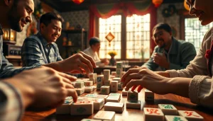 Menampilkan permainan demo mahjong dengan pemain yang antusias dan ubin yang indah.