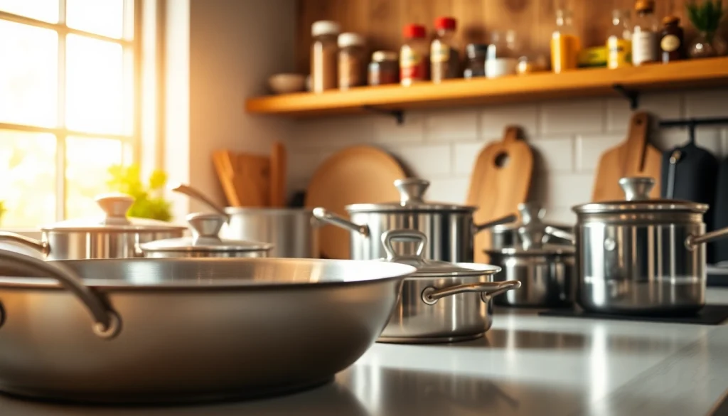 Cookware arranged beautifully on a kitchen countertop with bright sunlight.