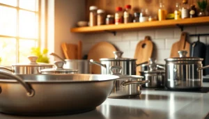 Cookware arranged beautifully on a kitchen countertop with bright sunlight.