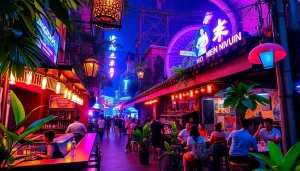 Vibrant scene of 호치민밤문화 with lively bars and colorful lights.