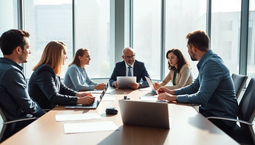 Crisis management consultant guiding a team through strategic discussions in a professional office.