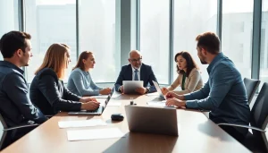 Crisis management consultant guiding a team through strategic discussions in a professional office.