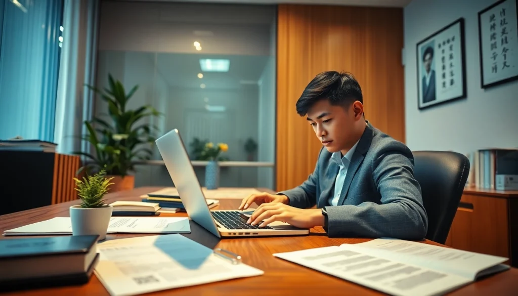 Traducteur assermenté chinois travaillant avec diligence dans un environnement de bureau moderne