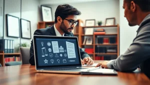 Engaged intellectual property lawyer consulting with a client in a modern office space.