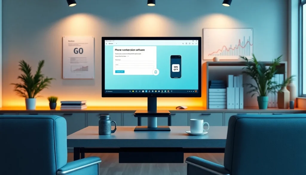 Online phone number verification software displayed on a computer in a professional office setting.