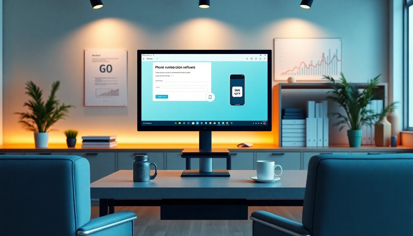 Online phone number verification software displayed on a computer in a professional office setting.
