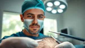Surgeon performing a hair transplant procedure in a sterile operating room.