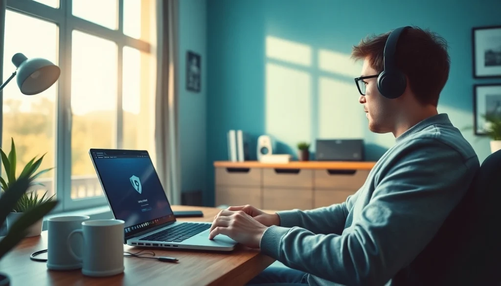 温馨家庭办公环境中，笔记本电脑上显示的快连VPN界面，用于在线游戏。