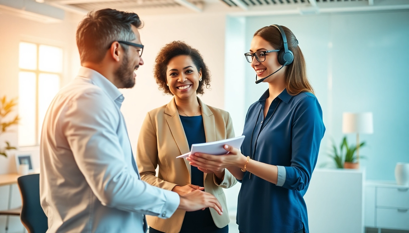 Showcasing a customer first warranty experience with satisfied interactions in a professional office setting.