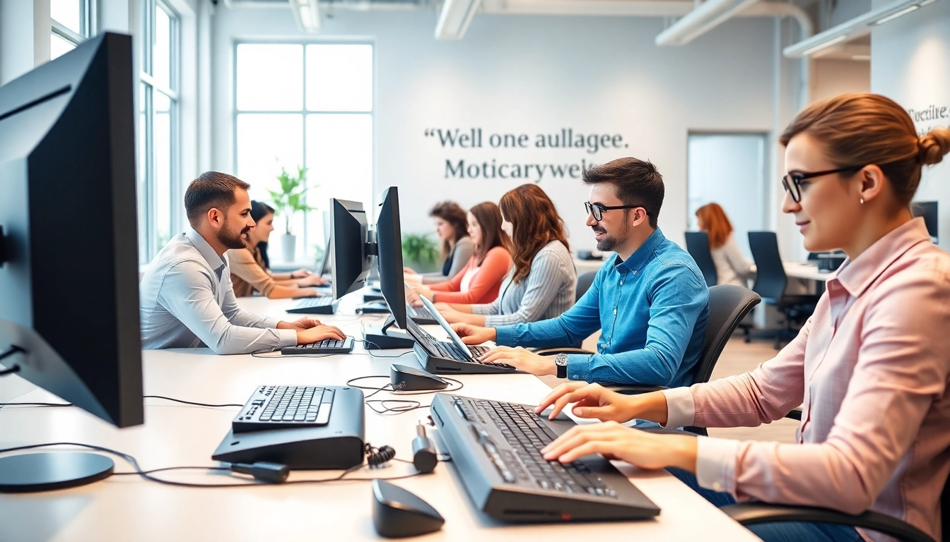 Workers efficiently typing in a busy typing center that promotes productivity and teamwork.