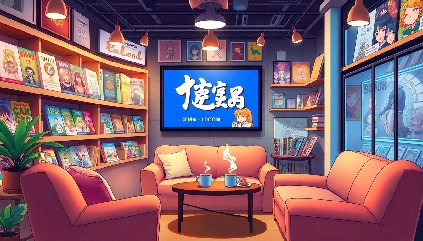 무료웹툰을 감상할 수 있는 아늑한 환경의 세련된 만화 서점 이미지