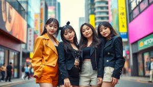 blackpink members posing confidently in a vibrant urban setting with dynamic lighting.