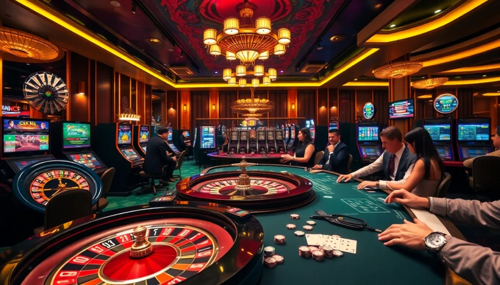 Exciting casino scene showcasing nhà cái cm88 with players at the roulette wheel and vibrant slot machines.