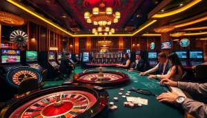 Exciting casino scene showcasing nhà cái cm88 with players at the roulette wheel and vibrant slot machines.