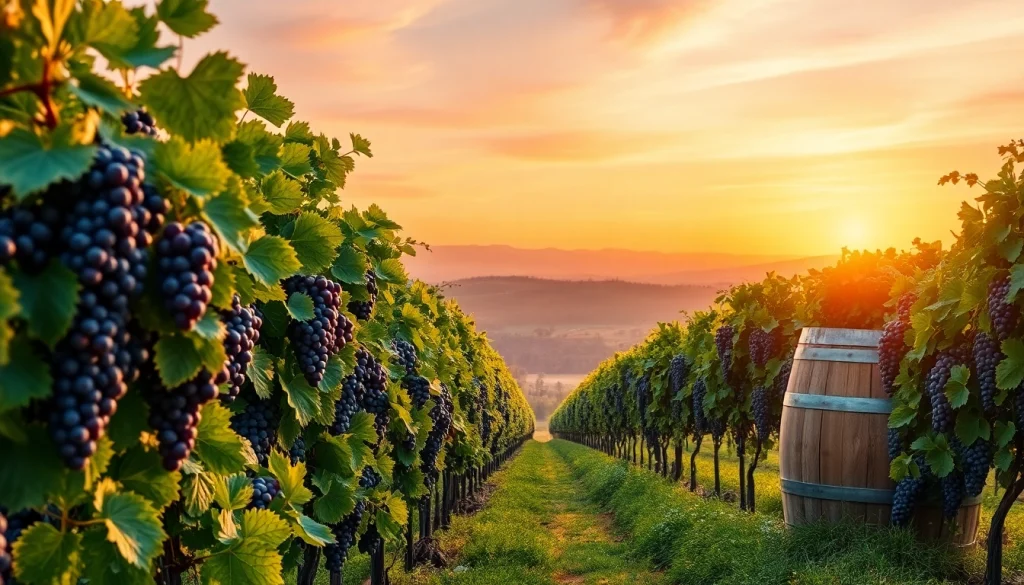 Wineries in Clarksburg featuring lush vineyards during sunset with ripe grapes and rustic wine barrels.