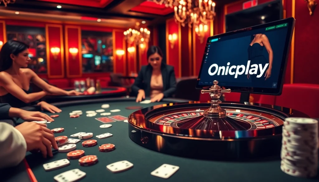 Experience the thrill of Onicplay as players engage at a luxurious roulette table in an elegant casino.