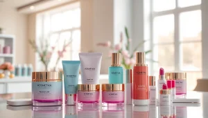 Kosmetika produktai gražiai išdėstyti salono prekystalio fone.