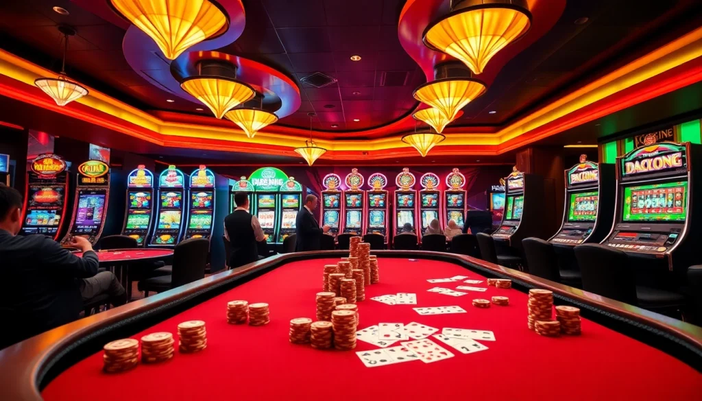 Players enjoying high-stakes games at mm88 kjc casino with vibrant lights and luxurious atmosphere.