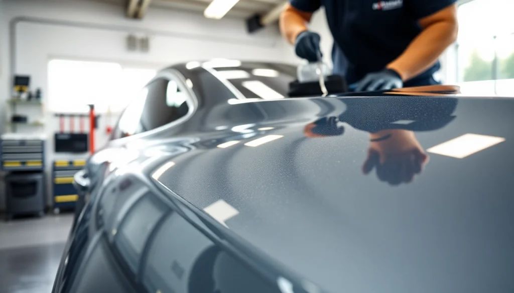 Ceramic coating near me applied to a vehicle, showcasing a professional detailing environment.