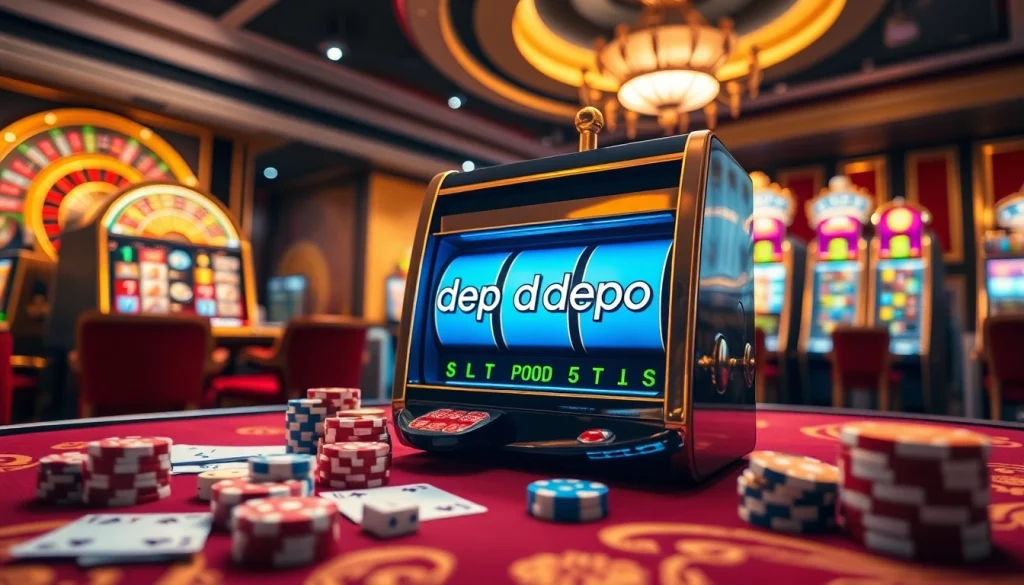 Adegan slot depo pulsa yang mendebarkan di kasino mewah dengan mesin-mesin berwarna-warni dan meja permainan.