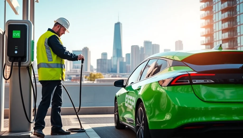 EV charging station contractors installing a charging unit for electric vehicles in an urban setting.