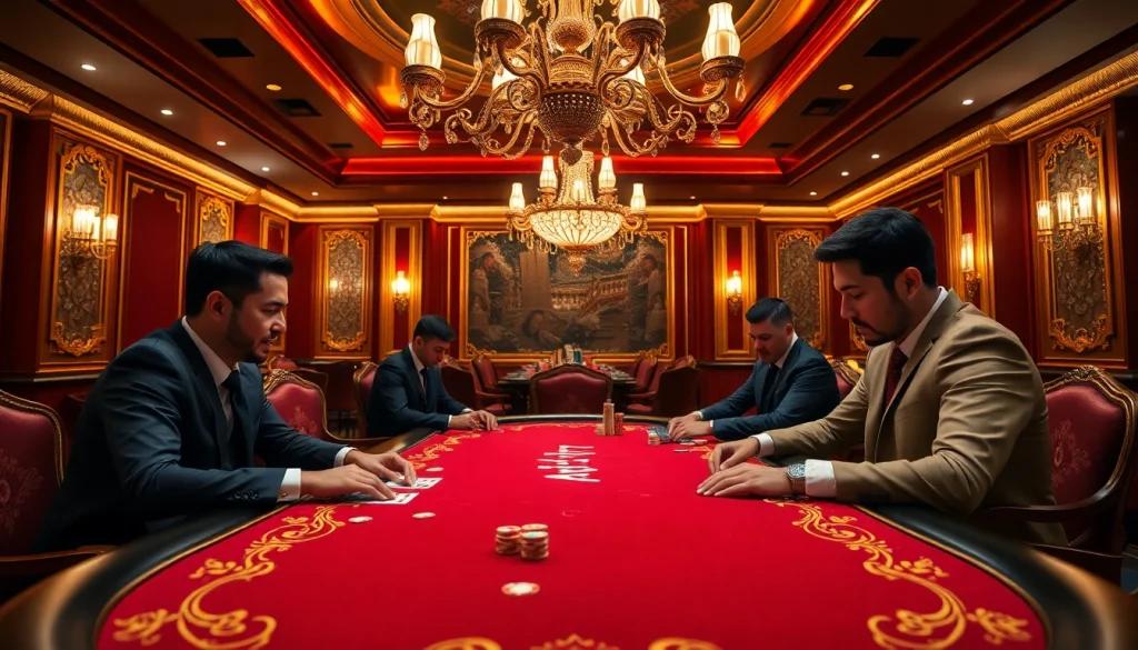 Play poker in a lavish casino setting inspired by https://rr88.navy/ with luxurious decor and intense focus.