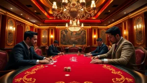 Play poker in a lavish casino setting inspired by https://rr88.navy/ with luxurious decor and intense focus.