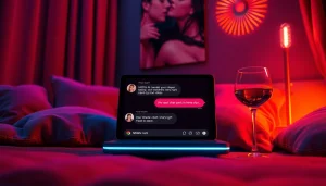 Scene showcasing an intimate setting for NSFW AI chat interactions, featuring a futuristic chat interface on a sleek device.