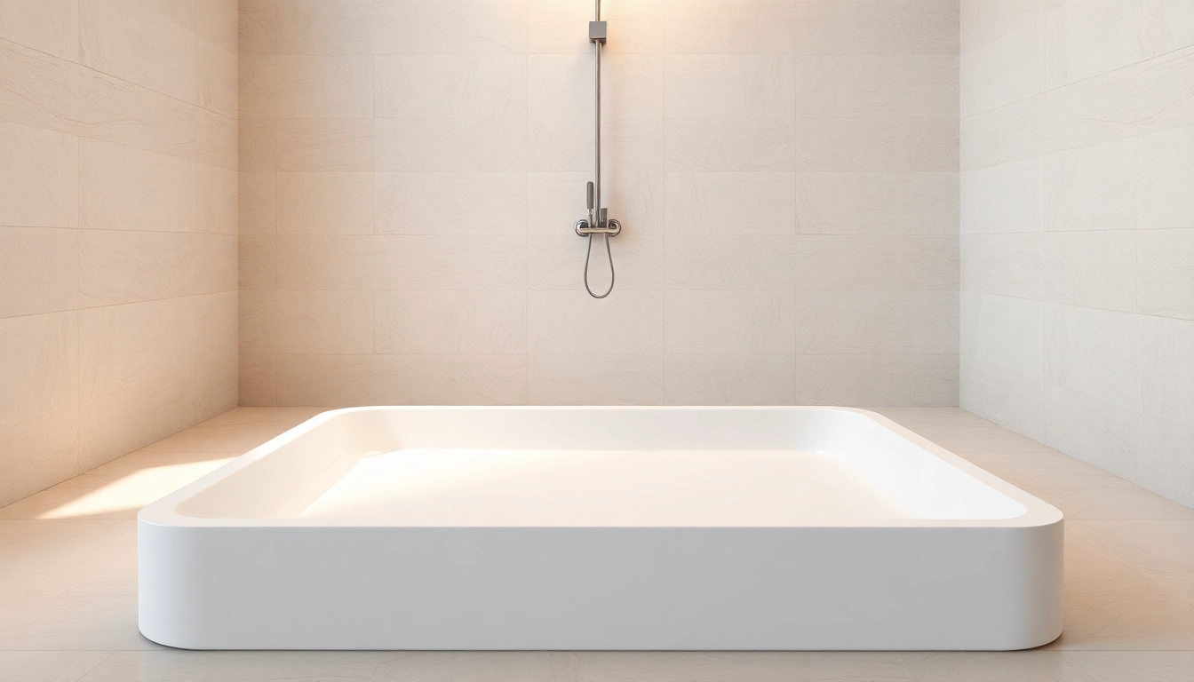 Stylish modern shower base showcased in a luxurious bathroom setting with elegant tiles.