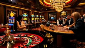 Engaging gamblers at a QQ88 casino with roulette and poker, showcasing excitement.