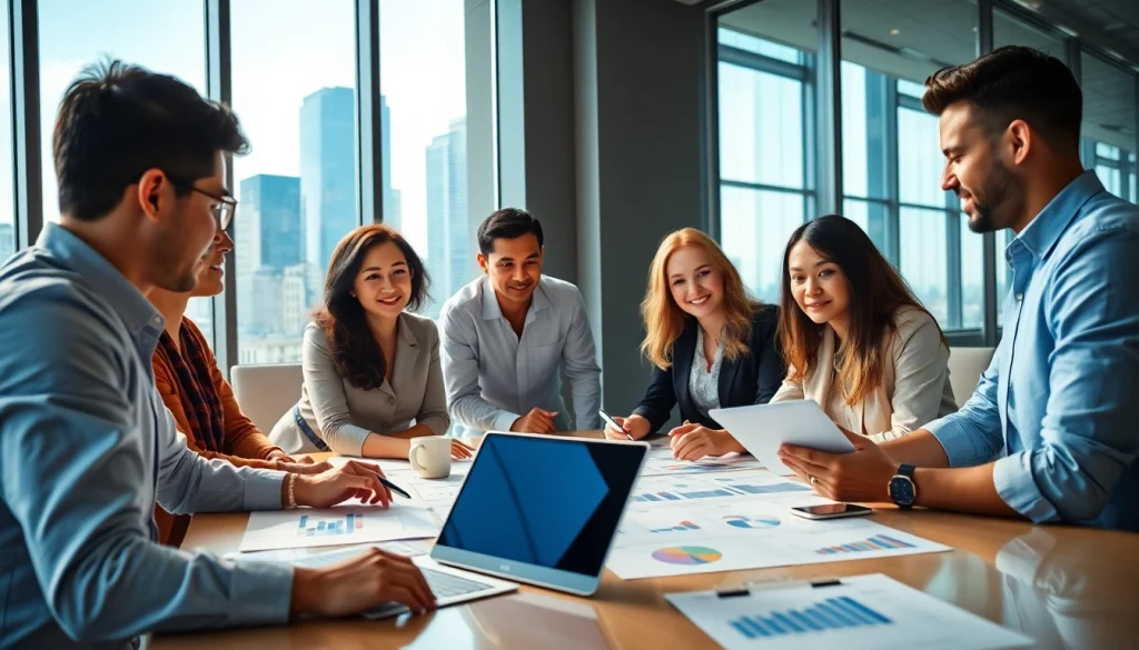 Discussing growth strategy trends with a diverse business team in a modern office.